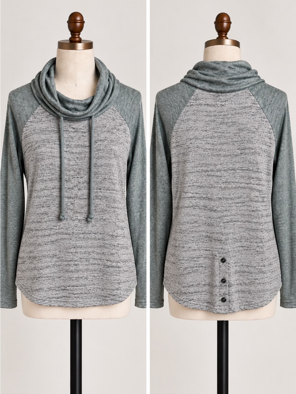 Lucky Brand Cowl Neck Gray Green Pullover Tunic Top M